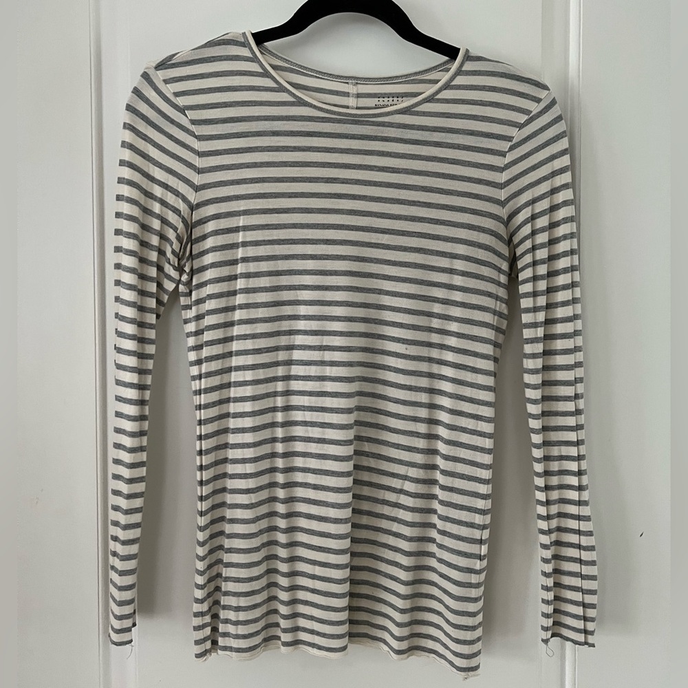 Banana Republic Cream & Gray Striped Long Sleeve Top, Tight fit & Soft Fabric